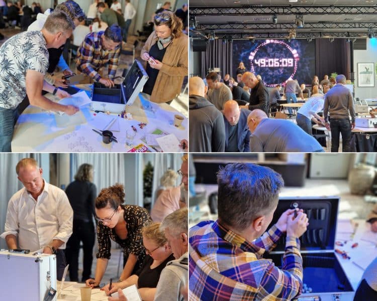 Fyra bilder av deltagare som samarbetar med Escape Game-väskor